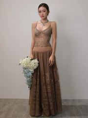 Jacquard Patchwork See Through Top And Long Skirts Set