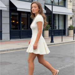 Cream Polka Dot Deep V-neck Puff Sleeves Pleated Front Button Mini Dress