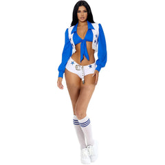 “Blue and white cheerleader cosplay costume with stars”