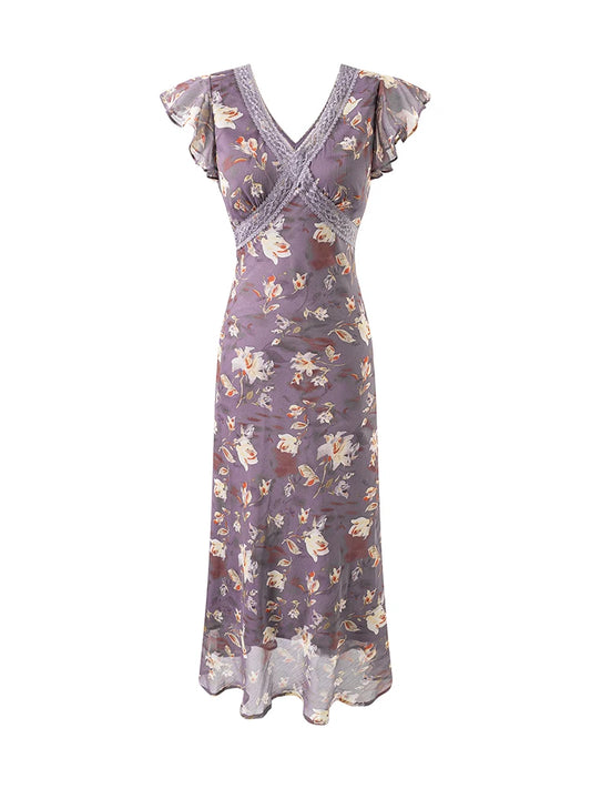 Purple Floral Print V-Neck Chiffon Mini Dress