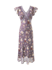 Purple Floral Print V-Neck Chiffon Mini Dress