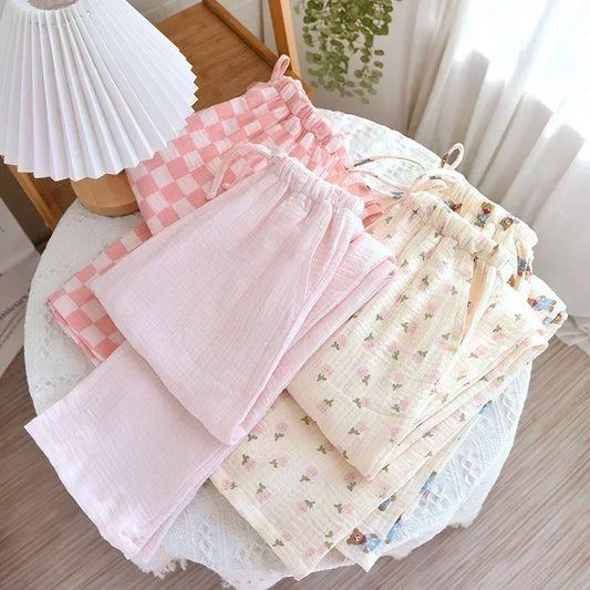 Printed Crepe Cotton Straight Drawstring Trousers