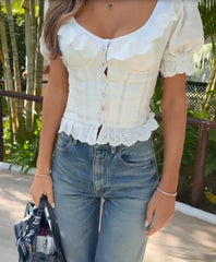 White Puff Sleeve Button-Down Ruffled Corset Blouse