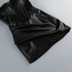 Black PU Leather Cinched Waist Pleated Mini Dress with Gloves