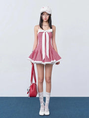 Red Plaid Strappy Bow Mini Dress
