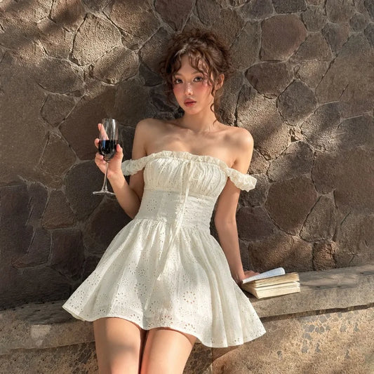 Off-Shoulder Eyelet Embroidery Corset A-Line Mini Dress