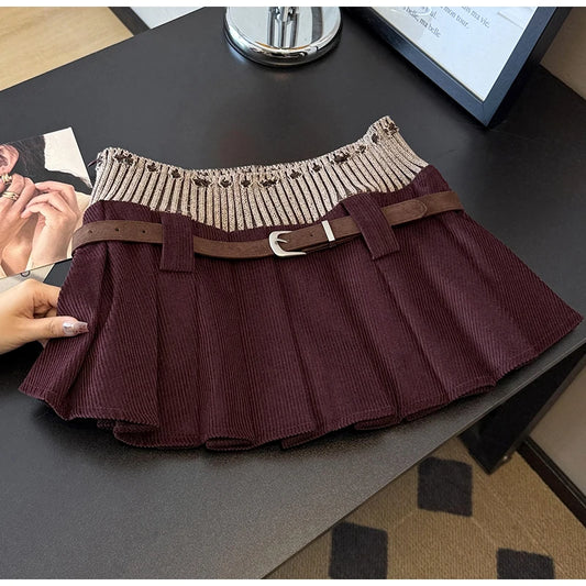 Patchwork Corduroy Pleated Mini Skirt with Belt