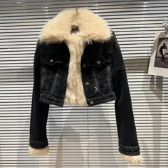 Faux Fur Collar Quilted Denim Crop Jacket