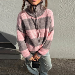 Striped Zip Up Collar Sweater