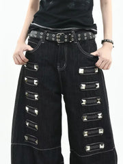 Black Rivet Metal Buckle Embellishment Wide Leg Jeans