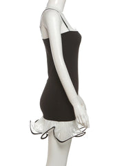 Black Frill Trim Strappy Mini Dress