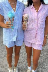 Striped Heart Short Sleeve Top And Shorts Sleepwear Set