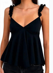 Black sleeveless top with ruffled straps