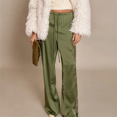 Satin Wide Leg Lace Patchwork Drawstring Pants