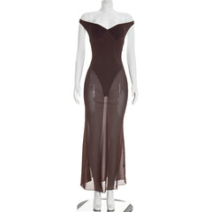 Wrap Off-shoulder Strap Mesh Bodysuit Maxi Dress