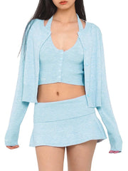 Long Sleeve Cardigan With Halter Vest Top And Mid Waist Mini Skirt Three Piece Set