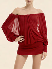 Off-Shoulder Long Sleeve Open Back Puff Mini Dress