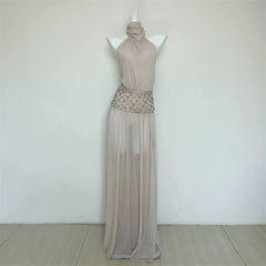 Grey Rhinestone Waist Band Detail Tie Up Backless Mesh Maxi Dress