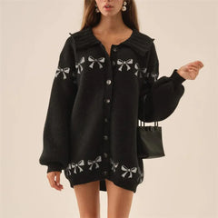 Bow Print Collar Button Up Cardigan