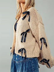 Bow V-Neck Buttoned Cardigan