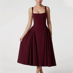 Square Collar Pleated Midi Dress
