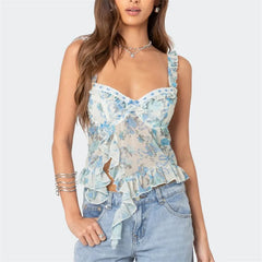 Blue Floral Print Ruffles Tank Top