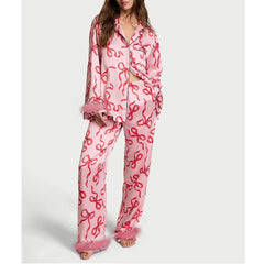 Bow Print Feather Cuf Loungewear PJs Set