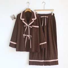 Contrast Seam Bow Long Sleeve Shirt And Wide Legs Pajama Set
