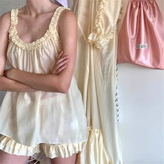 Sheer Ruffle Trim Pleated Tank Top And Shorts Pajama Set