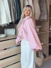 Short Pink Balloon Sleeve Bomber Pleated Zipper Jacket