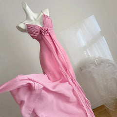 Pink V-Neck Spaghetti Strap 3D Flower Flowy Midi Dress