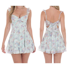 Ruffle Strap Back Tie Up Babydoll Mini Dress