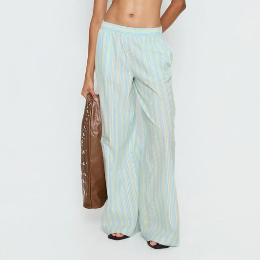 Blue Striped  Elasticated Waist Wide Leg Pants