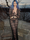 Black Deep Neck Lace Mesh Long Sleeve Cut Out Maxi Dress