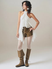 White Off Shoulder Irregular Ruffles Hem Top
