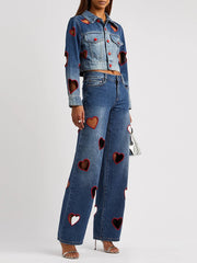 High Waist Straight Wide Leg Embroidery Heart Hollow Out Denim Pants