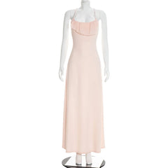 Pink Ruffle Back Tie Up Maxi Dress