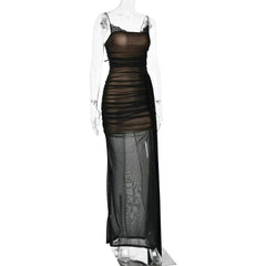 Black Mesh Spaghetti Strap Ruched Draped Maxi Dress