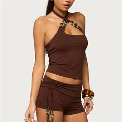 Brown Cross Strap Beaded Crop Top and Drawstring Shorts Set
