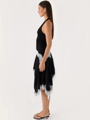 Black Halter Lace Trim Irregular Hem Midi Dress