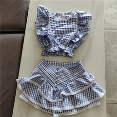 Plaid Ruffle Crop Top And Shorts Set