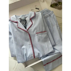 Blue Stripe Contrast Trim Pajama Set