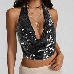 Sequins Cowl Neck Backless Top