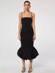 Black Spaghetti Strap Bodycon Baloon Fishtail Midi Dress