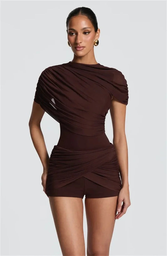 Draped Mesh Cape Sleeve Playsuit