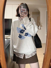 Grey Long Sleeve Blue Flower Print Sweatshirt