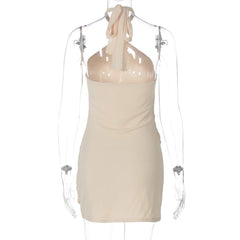 Mesh Pleated Waist Mini Halter Dress