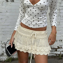 Crochet Drawstring Tiered Ruffle Mini Skirt