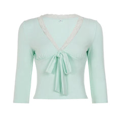 Lace V‑Neck Front Bow Knot 3/4 Sleeve Tee
