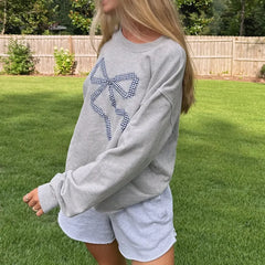 Plaid Bow Pattern Crew Neck Raw Hem Sweatshirt